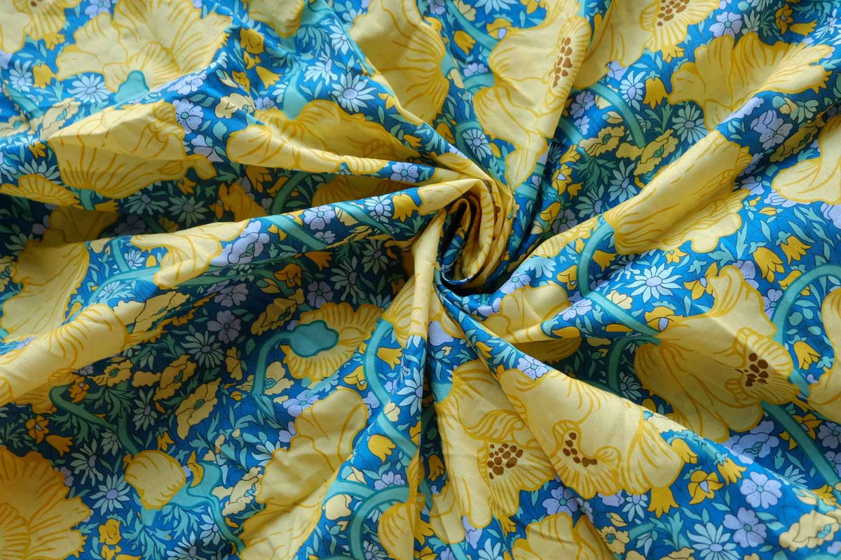 Yellow Poppies on Blue Cotton Lawn – 1.64 yd