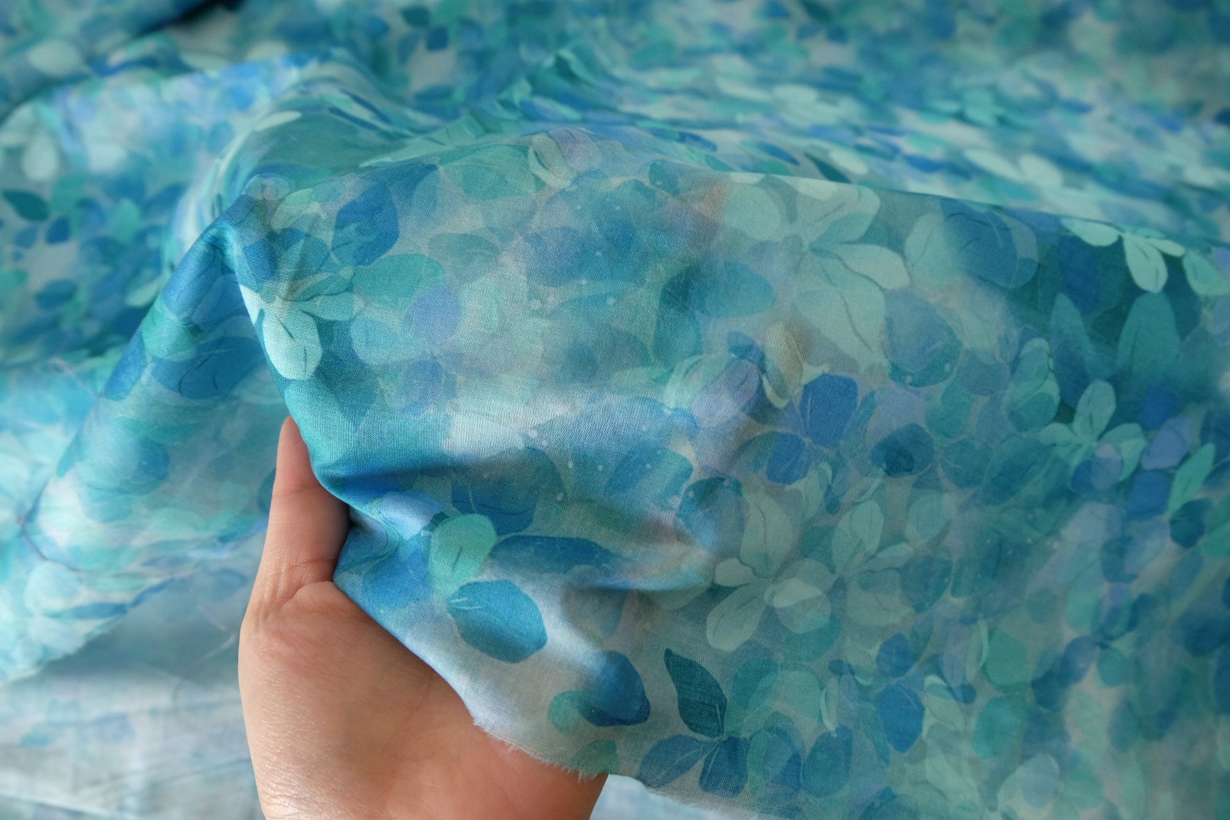Blue Watercolor Leaf Cotton Voile Fabric – 3.3 yd