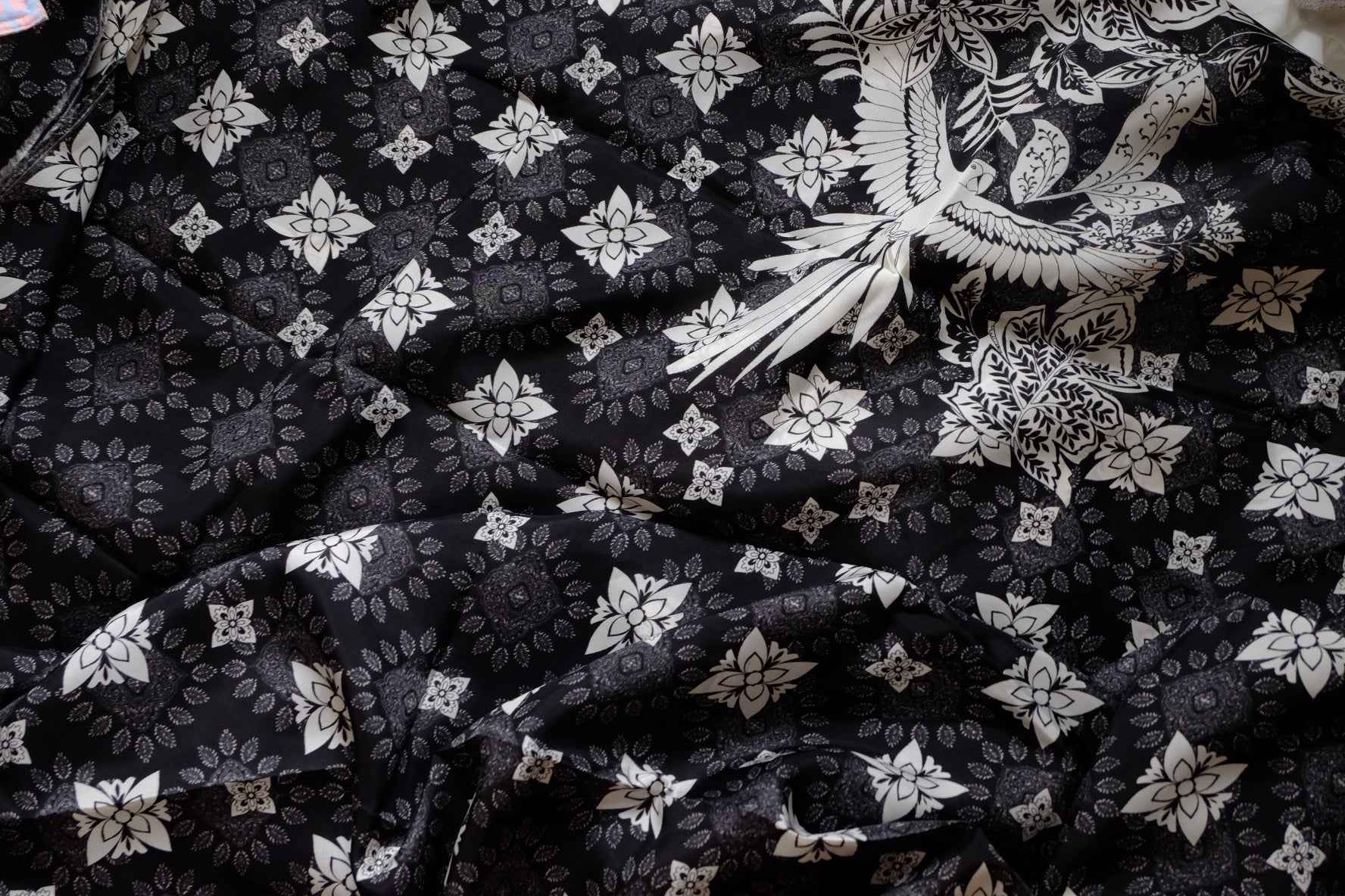 Black Statement Cupro Placement Print Fabric, Cool Drapey, Approx. 2+ Yard Panel