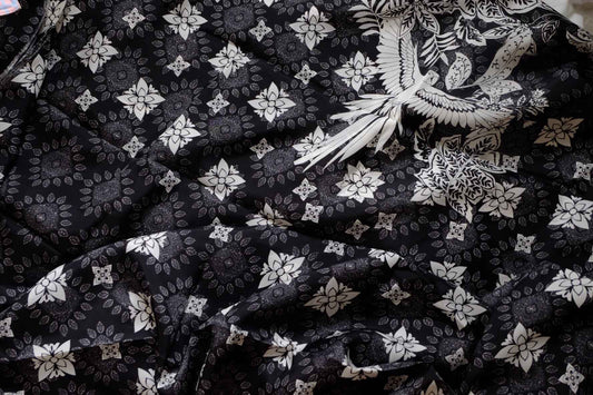Black Statement Cupro Placement Print Fabric, Cool Drapey, Approx. 2+ Yard Panel