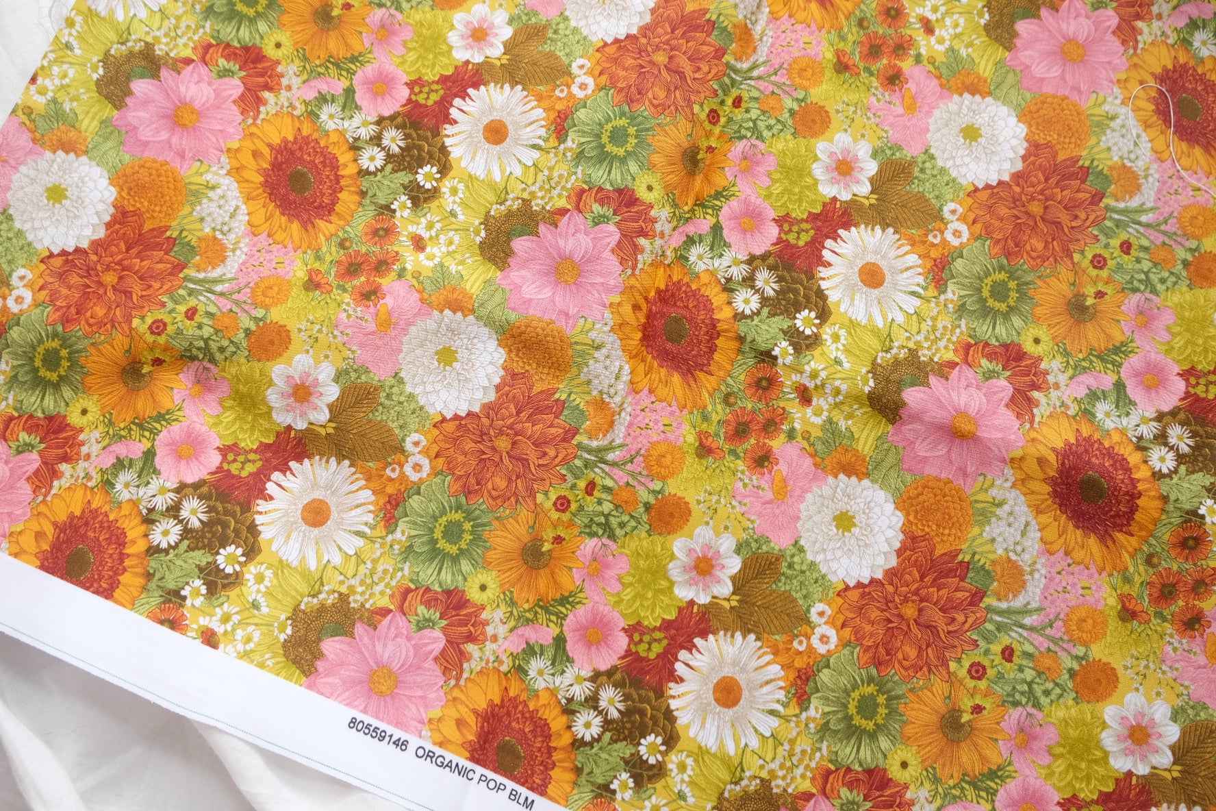 Organic Floral Cotton Poplin Fabric, Retro Garden Print, 2.19 Yards