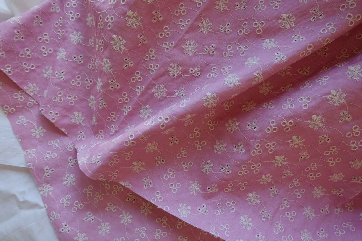 Dusty Rose Floral Embroidered Cotton Denim Fabric – 2.19 yd