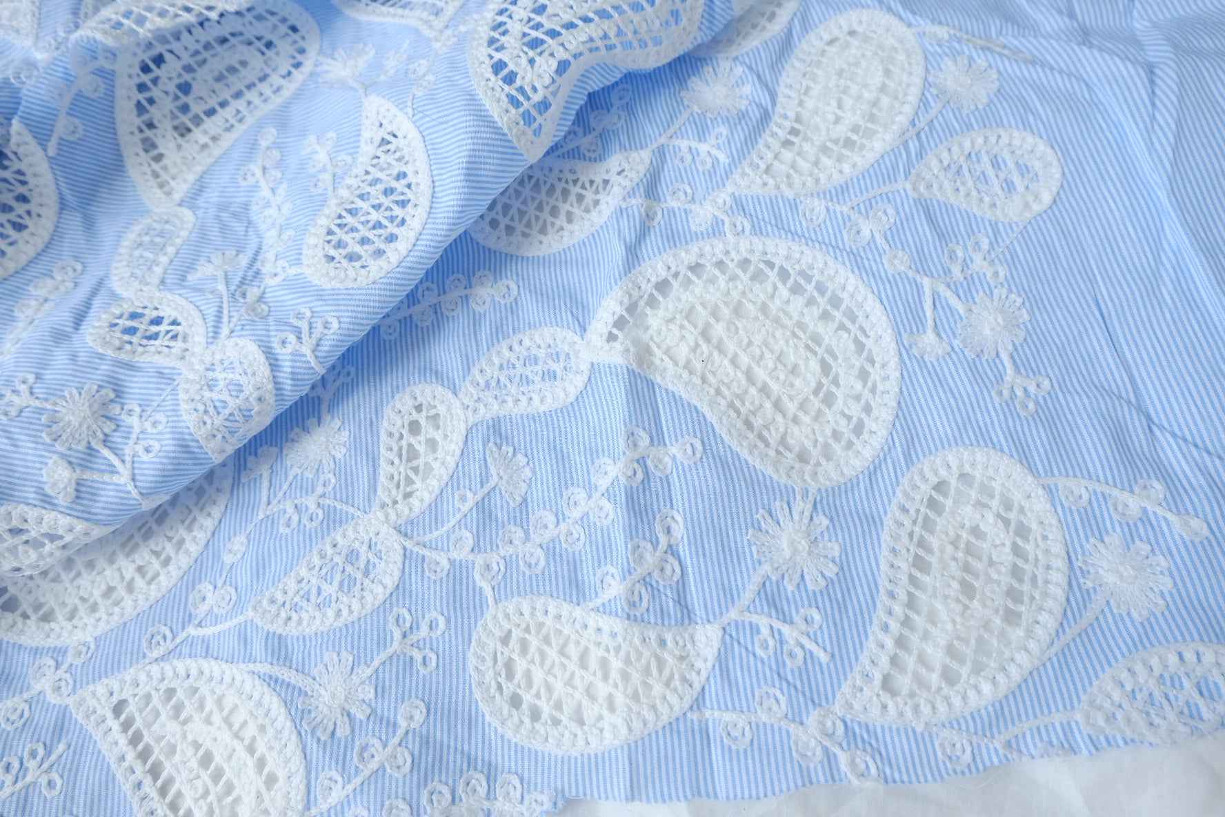 Yarn-Dyed Striped Cotton with Cutwork Embroidery, Blue and White, 2.08 Yards