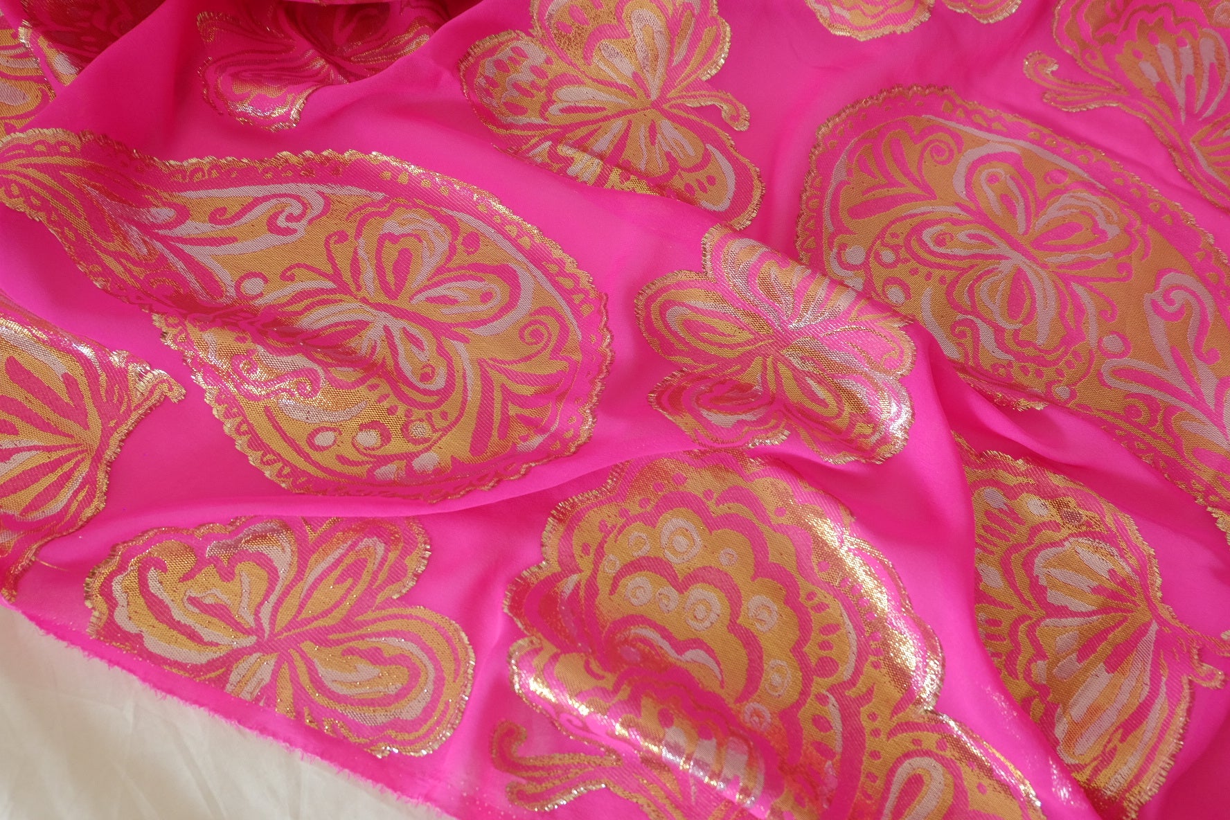 Pure Silk Metallic Embroidered Fabric – Fuchsia Gold Ornamental Jacquard – 2.3 yd