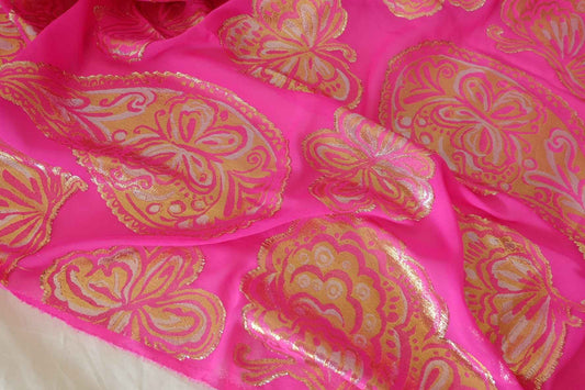 Pure Silk Metallic Embroidered Fabric – Fuchsia Gold Ornamental Jacquard – 2.3 yd