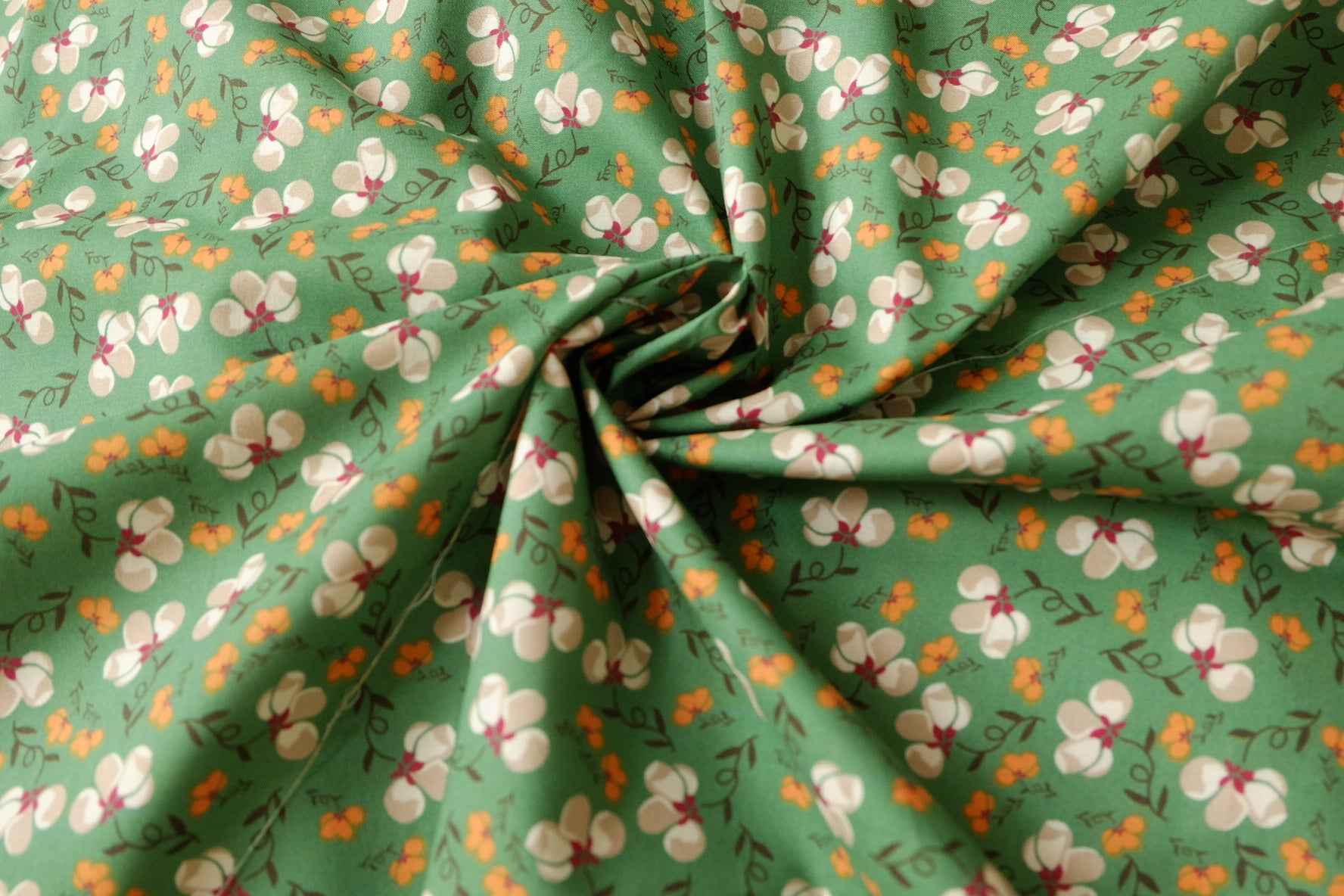 Meadow Green Floral Cotton Poplin Fabric, Crisp Lightweight Shirting Weight, 1.97 Yards