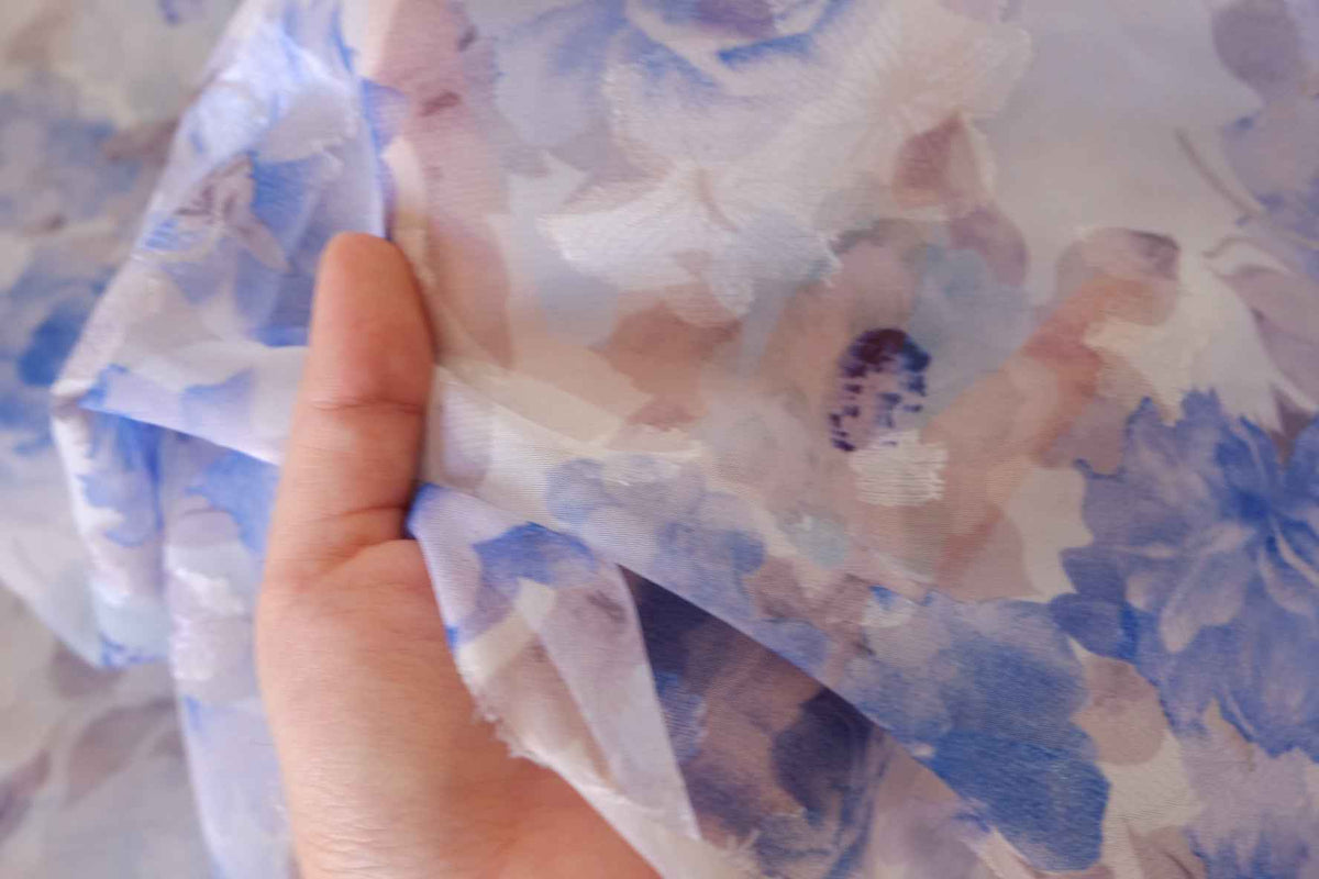 Watercolor Blue Floral Jacquard Organza Fabric – 3.3 yd