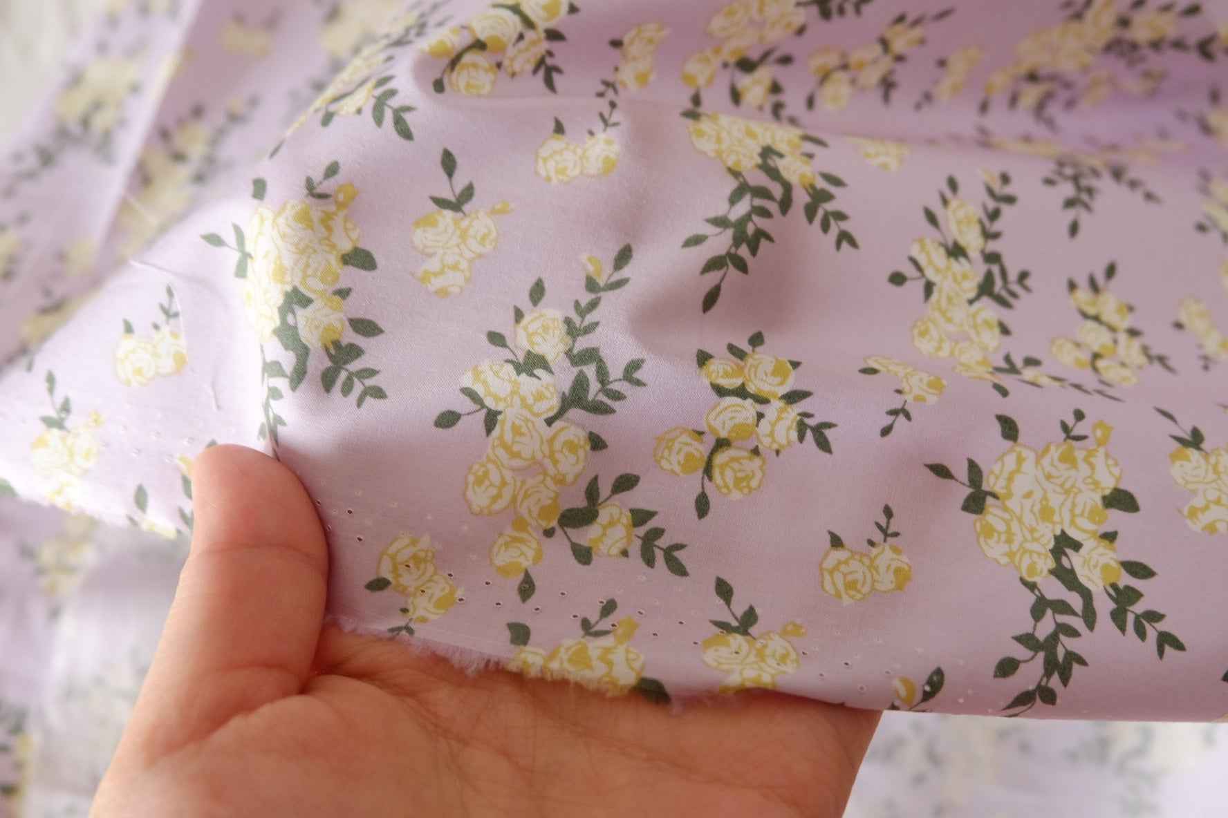 Lavender & Yellow Rose Floral Cotton Poplin Fabric – 1.6 Yards