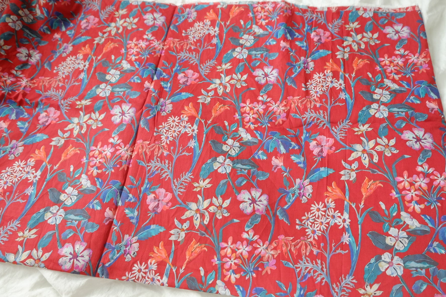 Red Floral Cotton Lawn Fabric, Light & Silky, 3.3 Yards