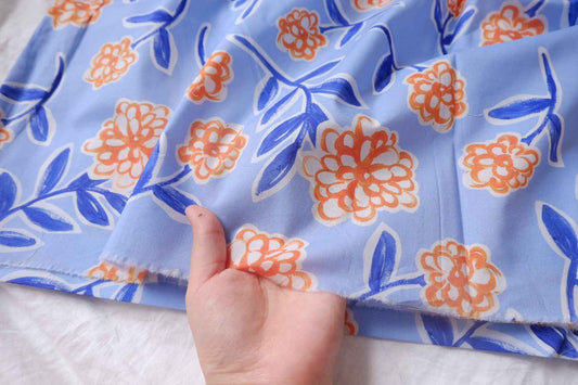 Blue Orange Floral Cotton Poplin Fabric - 1.97 yd