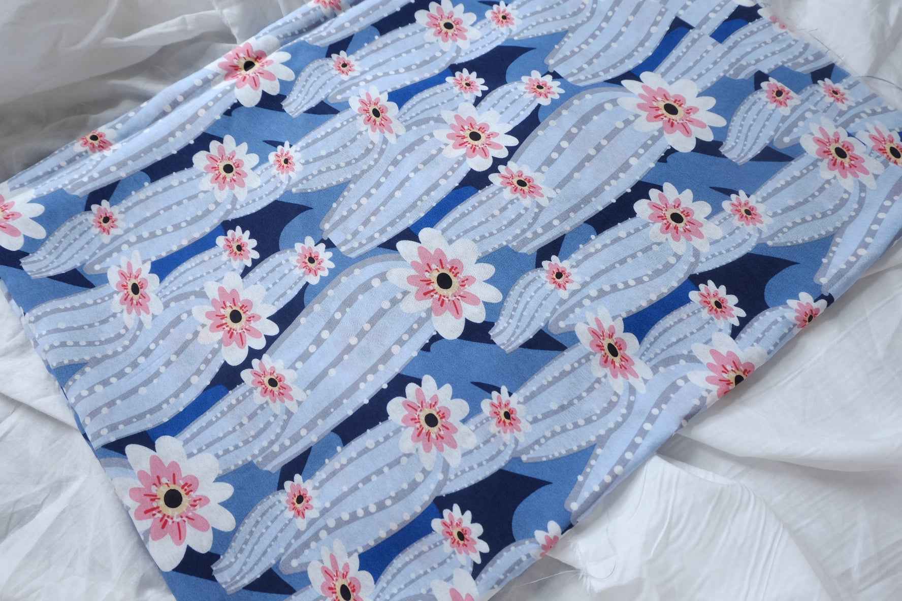 Blue Cactus Floral Cotton Rayon Fabric, Lightweight Summer Dress Weight, 2.19 Yards