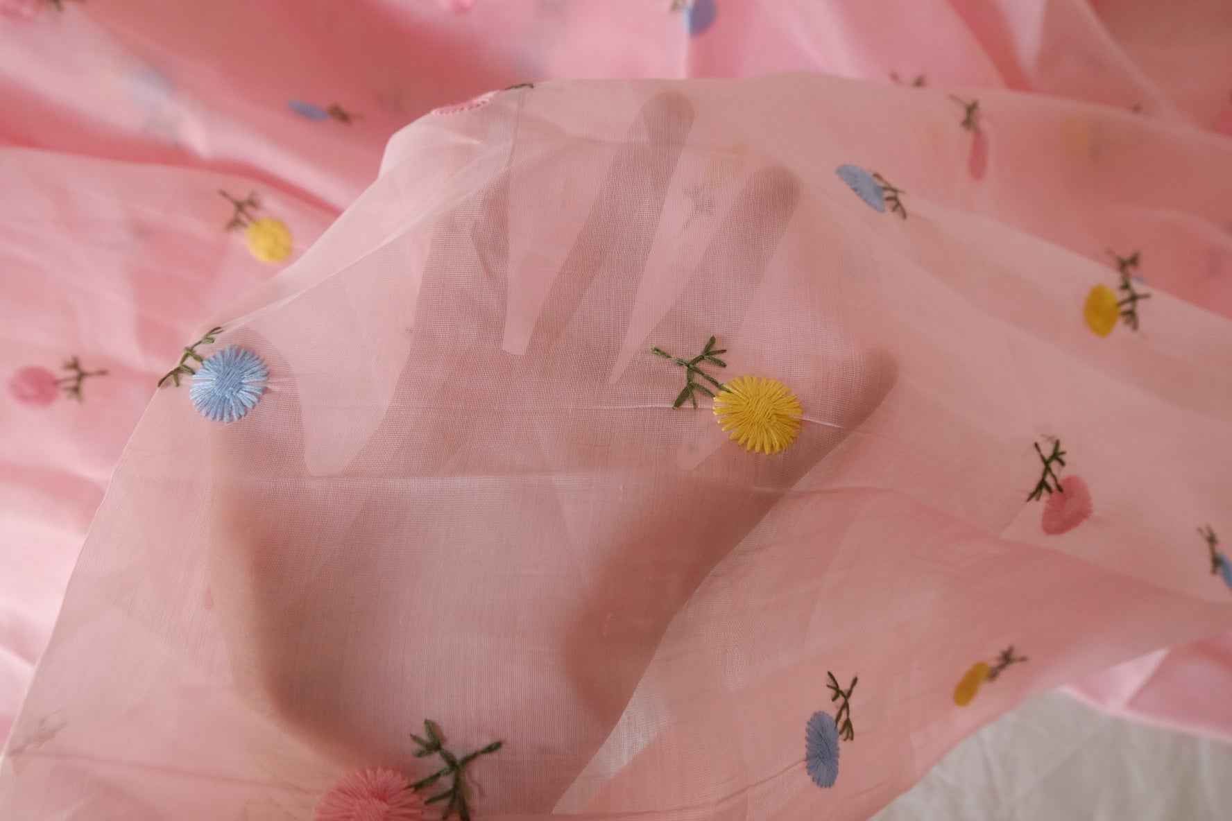 Pink Embroidered Sheer Mesh Fabric – 3.3 Yards