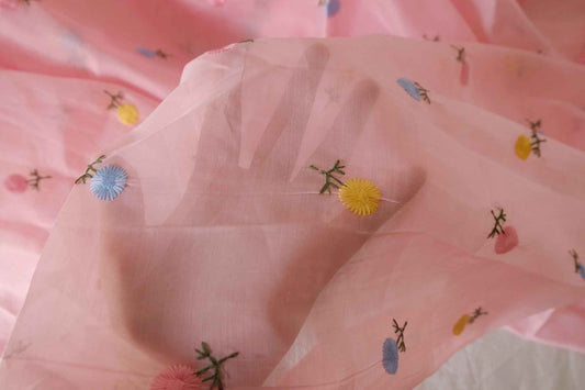 Pink Embroidered Sheer Mesh Fabric – 3.3 Yards