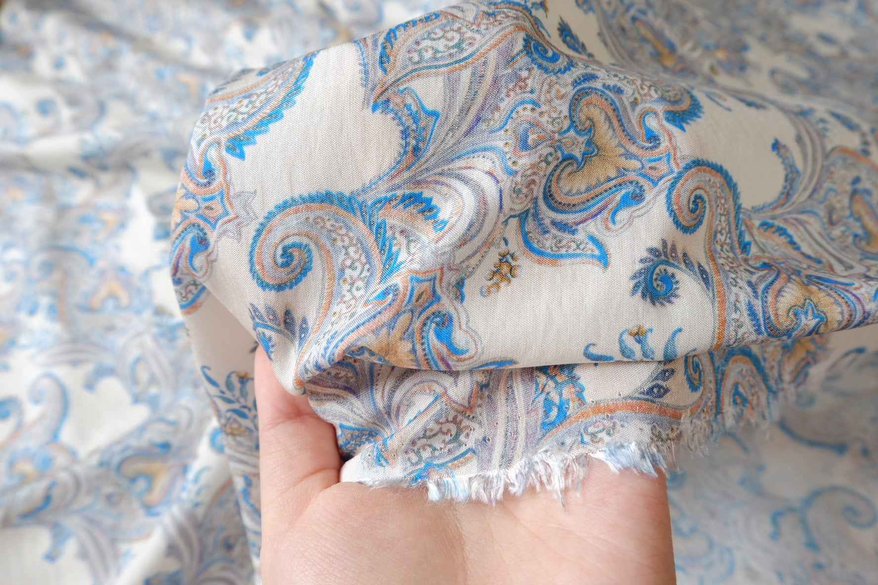 Sky Blue Paisley Tencel Cotton Fabric, Lightweight Airy Dress Weight, 3.28 Yards
