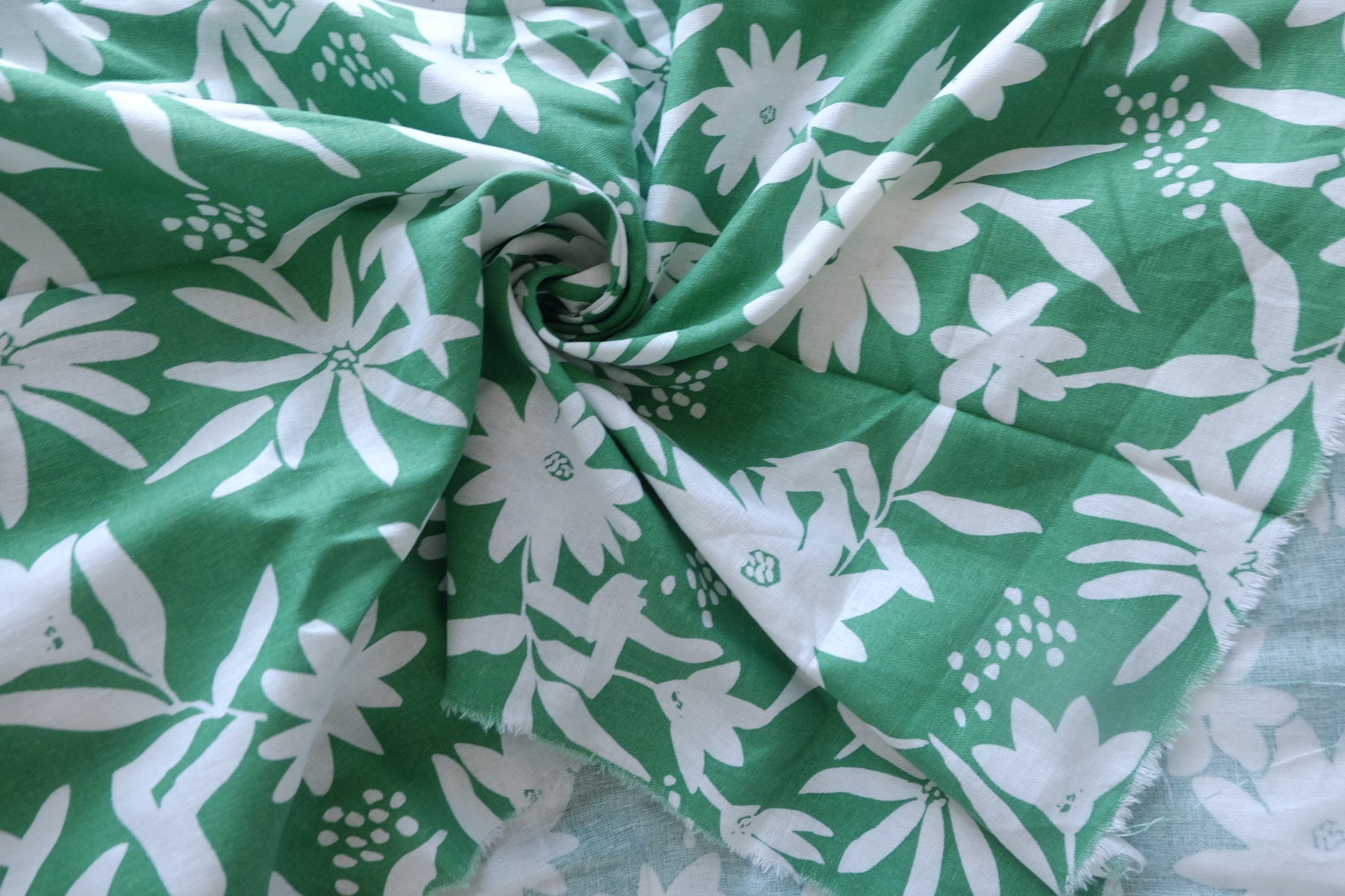 Green Floral Sand-Washed Cotton-Linen Fabric - 1.64 yd