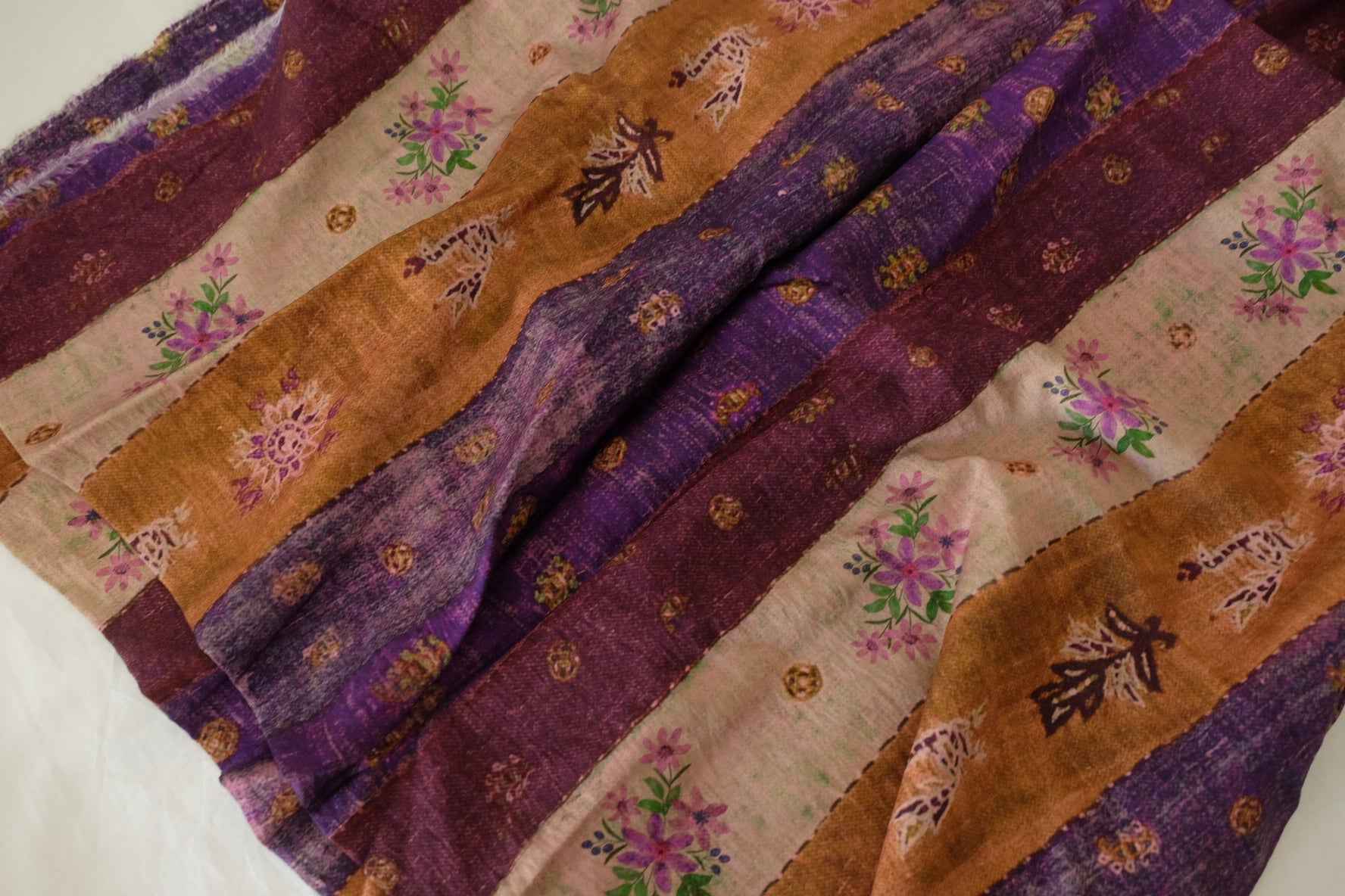 Purple & Brown Floral Stripe Rayon Linen Blend Fabric – 1.9 yd