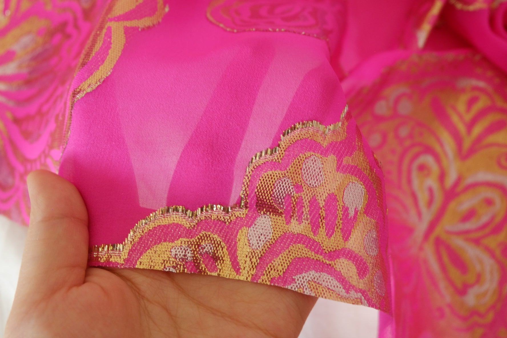 Pure Silk Metallic Embroidered Fabric – Fuchsia Gold Ornamental Jacquard – 2.3 yd