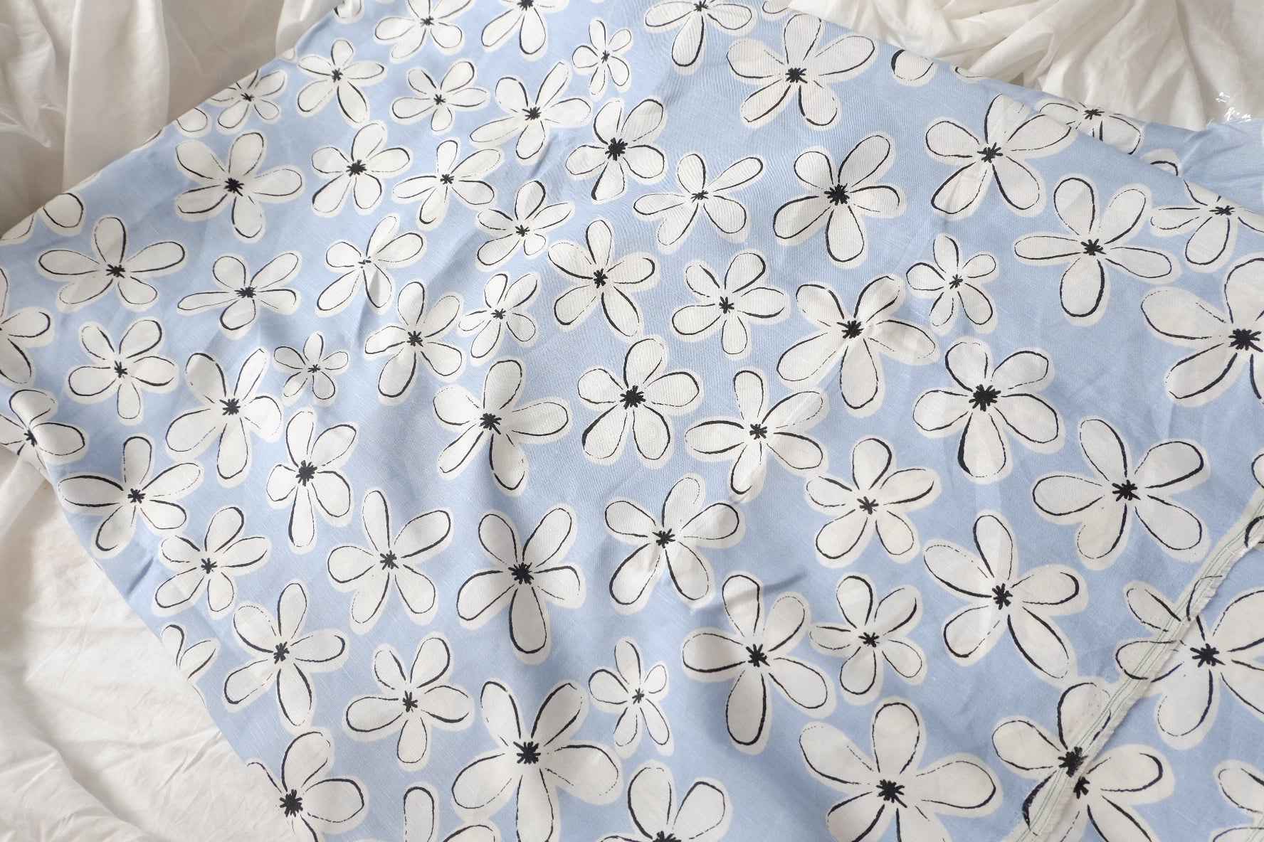 Sky Blue Floral Linen Cotton Fabric, 80 Linen 20 Cotton, 2.19 Yards