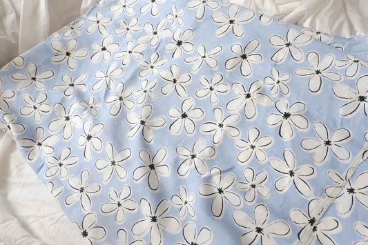 Sky Blue Floral Linen Cotton Fabric, 80 Linen 20 Cotton, 2.19 Yards