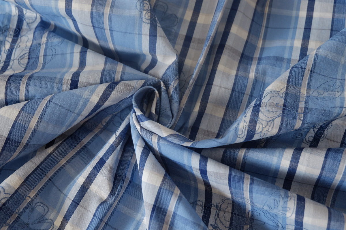 Blue Embroidered Plaid Yarn-Dyed Cotton – 1.6 yd