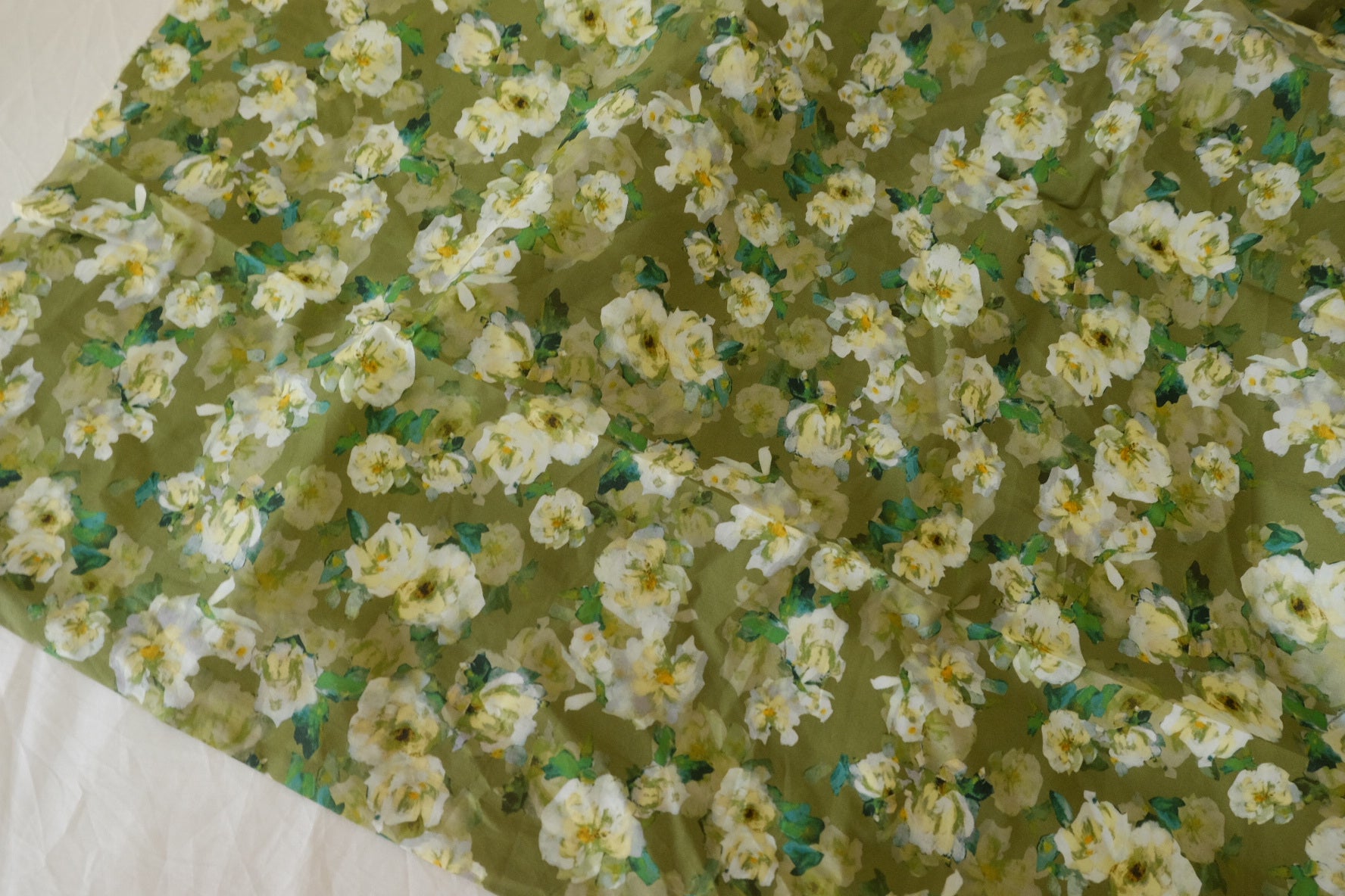 Soft Green Watercolor Floral Cotton Lawn Fabric – Ivory Blossom Print (1.1 yd Cut)