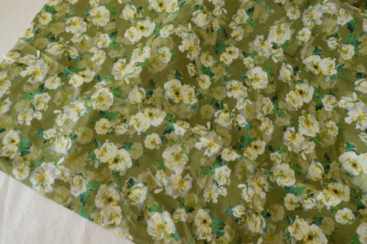 Soft Green Watercolor Floral Cotton Lawn Fabric – Ivory Blossom Print (1.1 yd Cut)