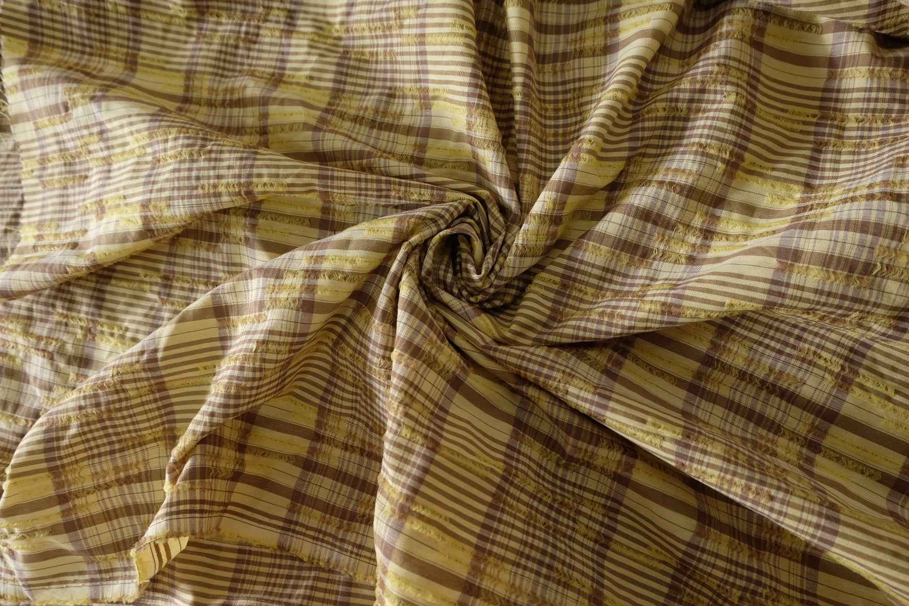 Yellow & Brown Fringed Plaid Cotton Fabric – 2.7 yd