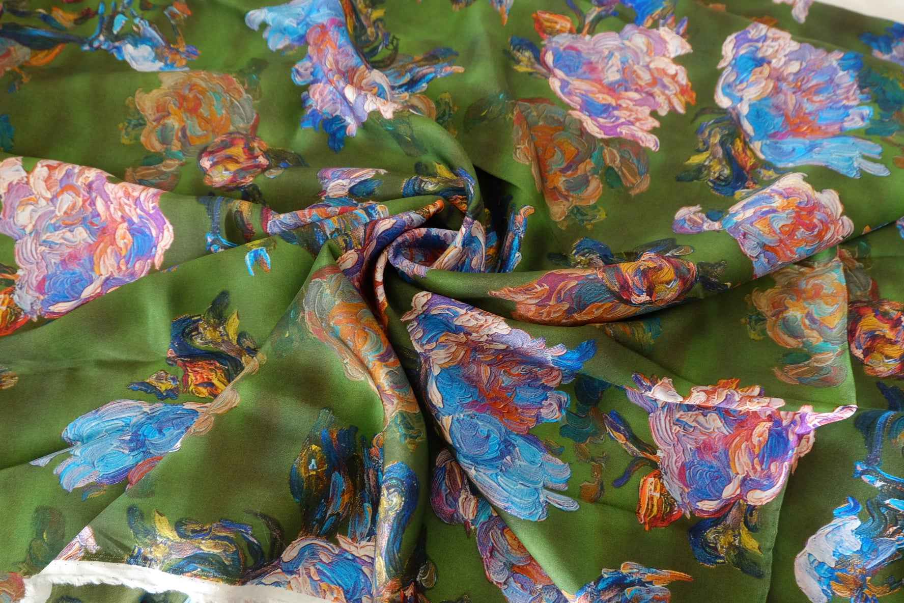 Artistic Watercolor Floral Rayon Fabric – Deep Green – 3.3 yd