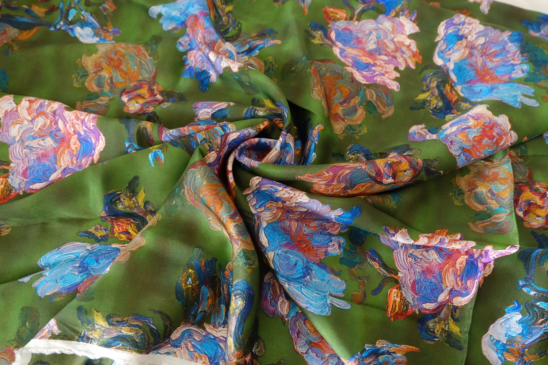 Artistic Watercolor Floral Rayon Fabric – Deep Green – 3.3 yd
