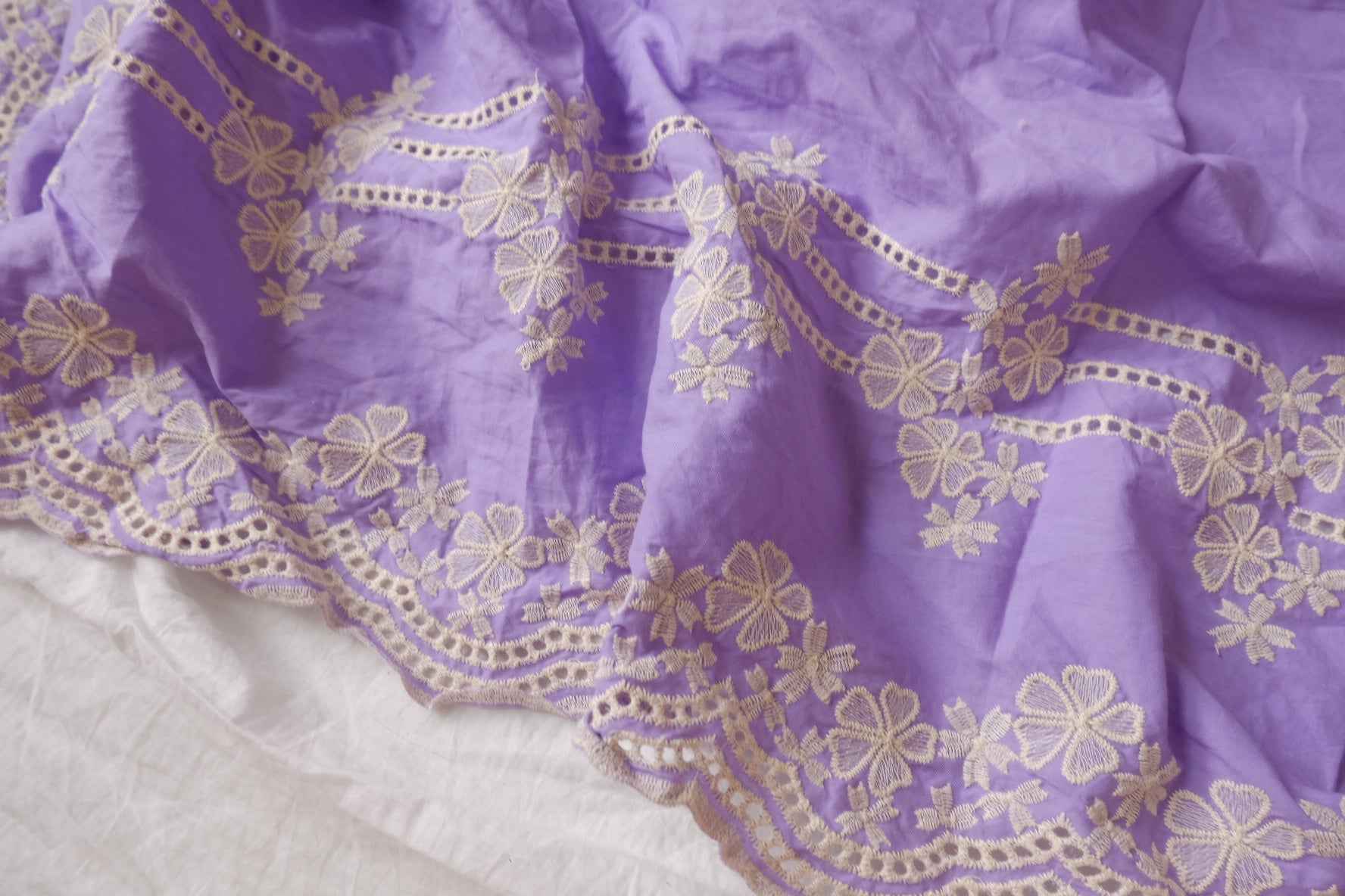 Lilac Embroidered Border Poly-Cotton Fabric - 2.19 yd