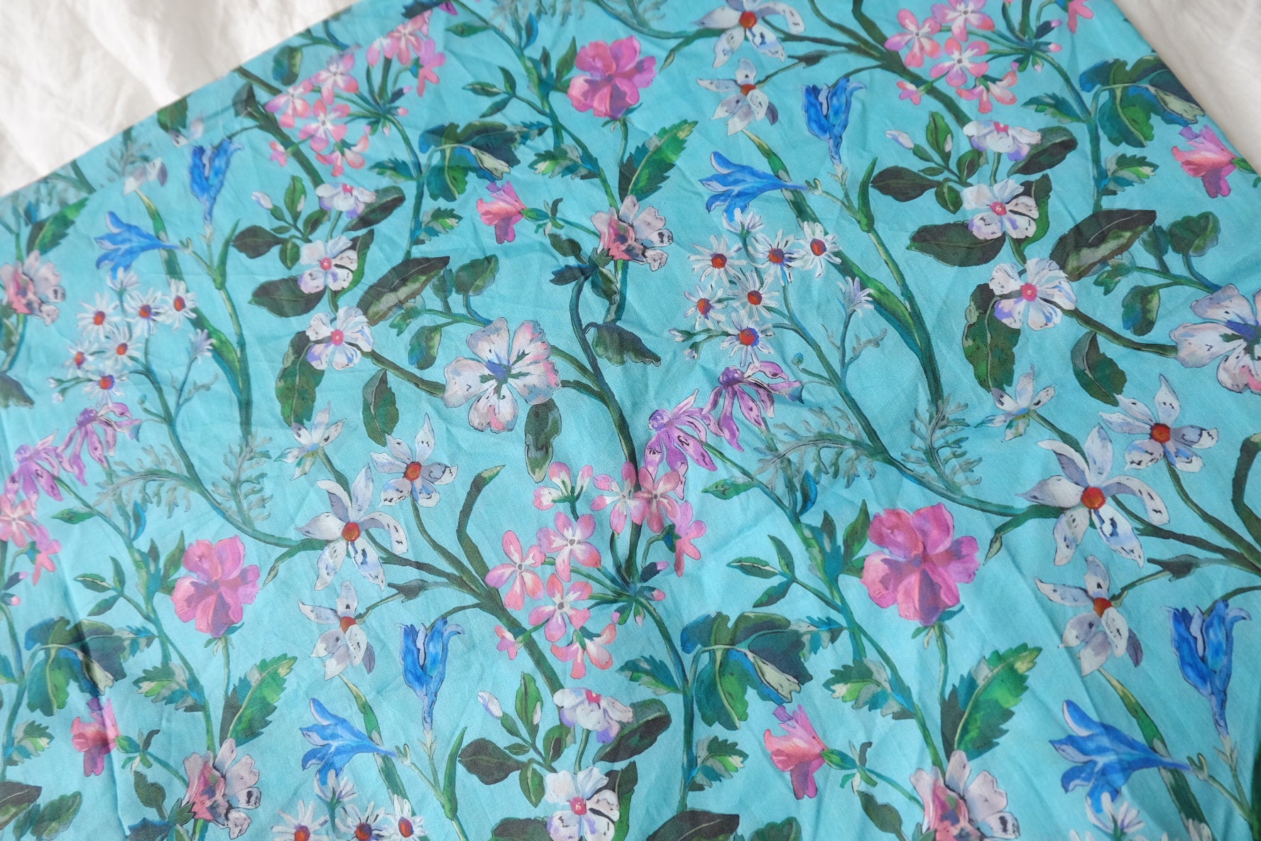 Turquoise Floral Cotton Lawn Fabric, Light & Silky, 3.3 Yards
