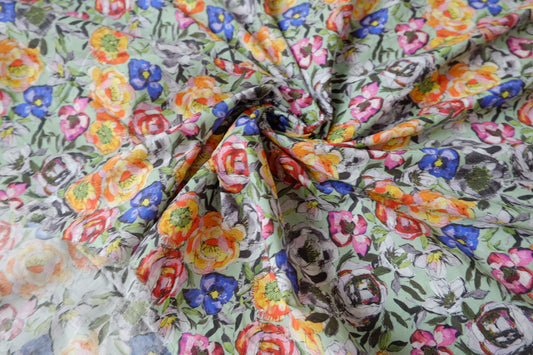 Mint Painted Floral 80s Cotton Lawn Fabric — 3.28 yd