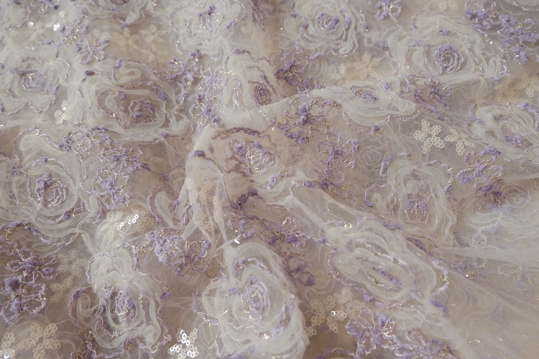 3D Ribbon Rose Sequin Embroidered Tulle – Lavender Statement Mesh Fabric (2.19 yards)
