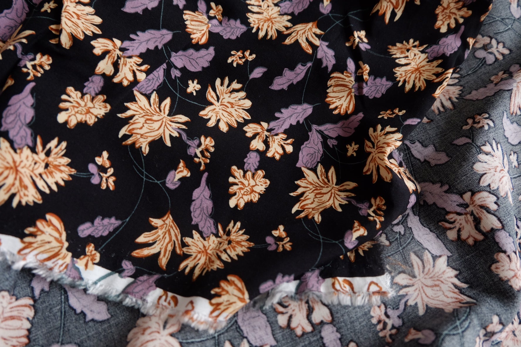 Dark Vintage Floral Rayon Challis Fabric - 3.28 yd