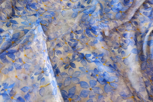 Silky Rayon Fabric – Blue Watercolor Floral Print (2.2 yd Cut)