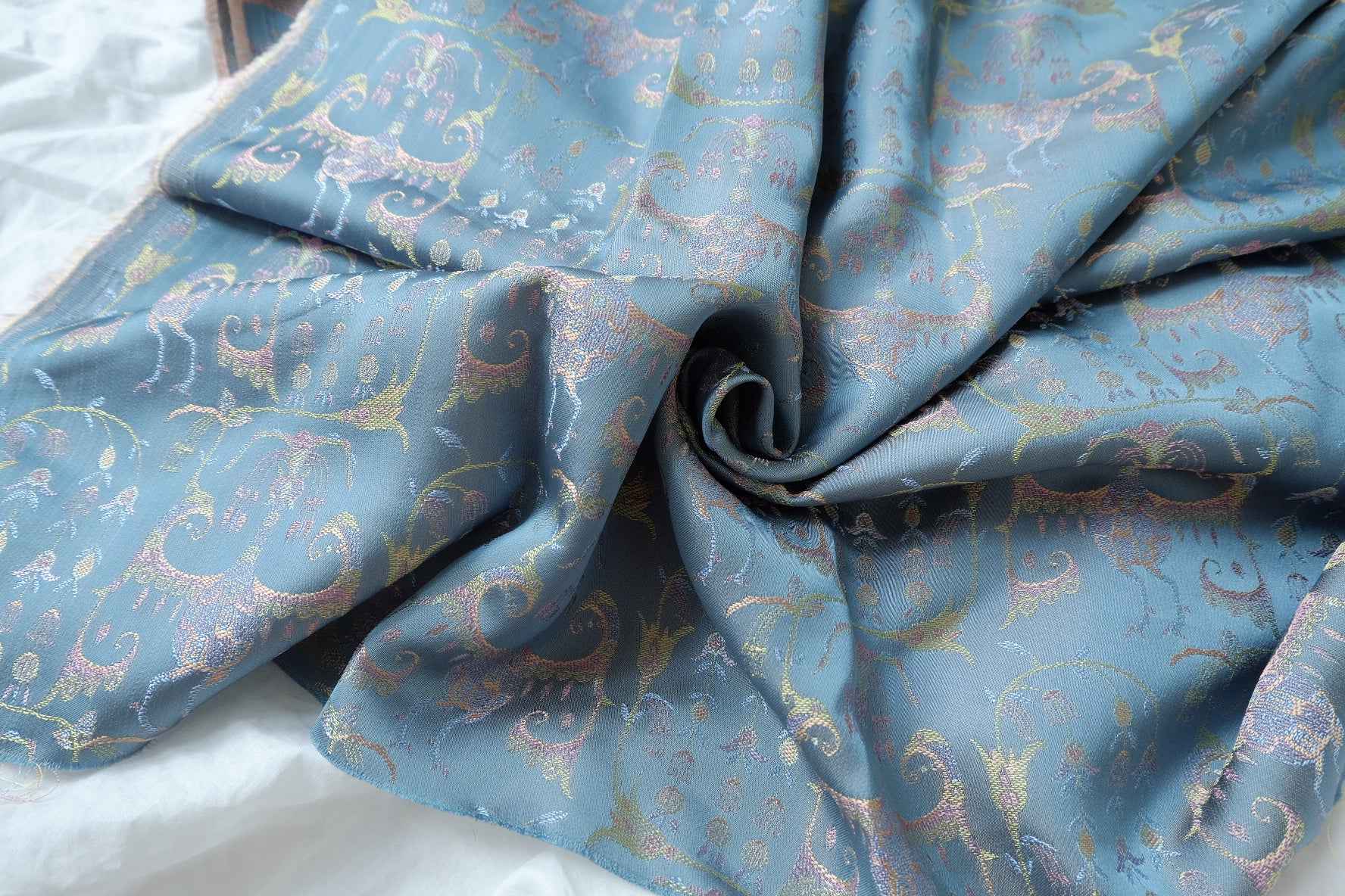 Silk Double-Sided Brocade Fabric, Fantasy Creature Jacquard in Dusty Blue, 2.19 Yards