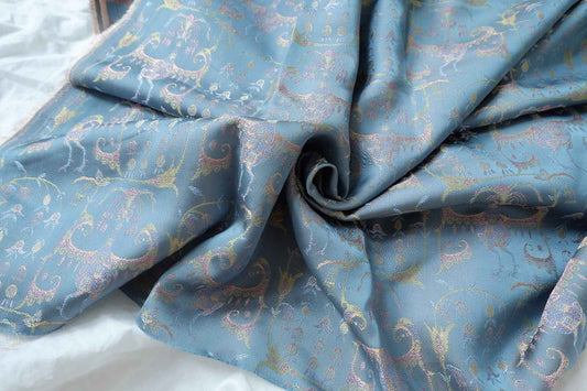 Silk Double-Sided Brocade Fabric, Fantasy Creature Jacquard in Dusty Blue, 2.19 Yards