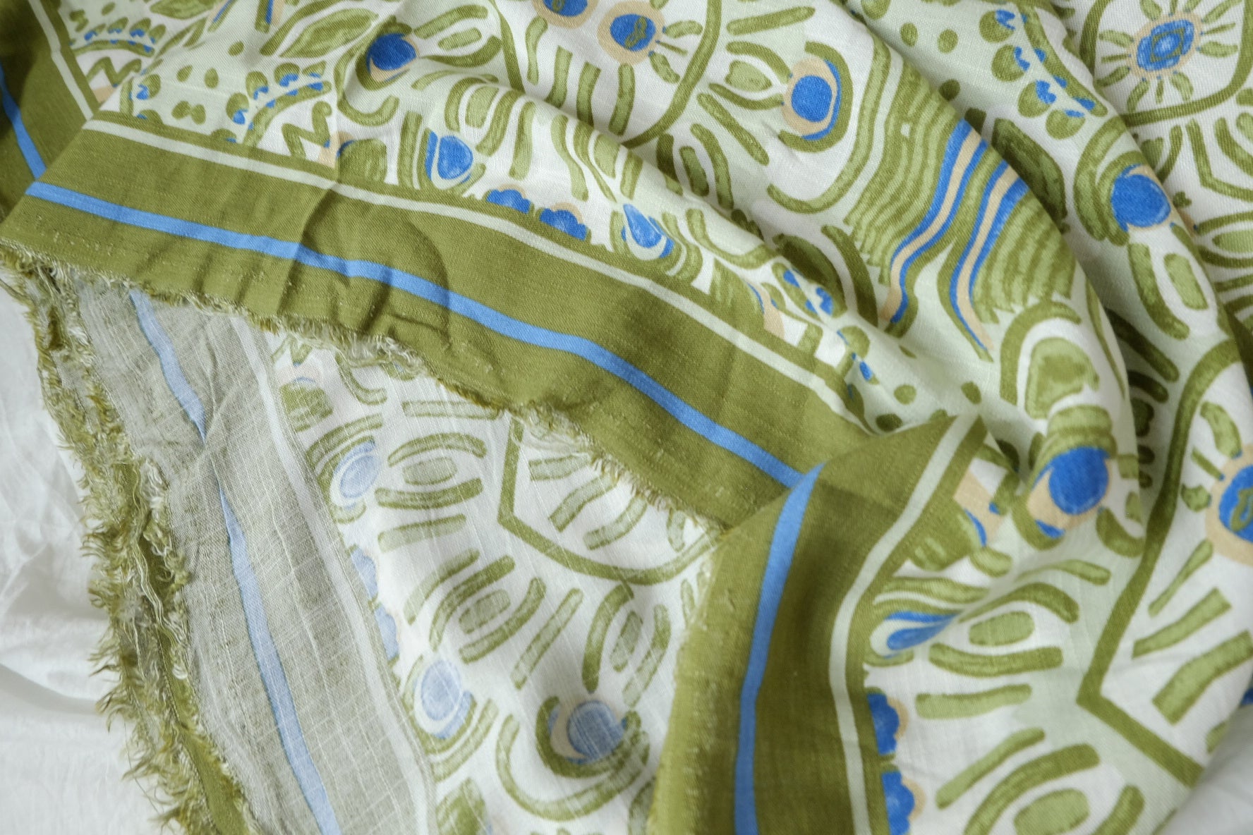 Border Print Rayon Fabric in Olive and Blue, Light & Drapey, 2.1 Yards