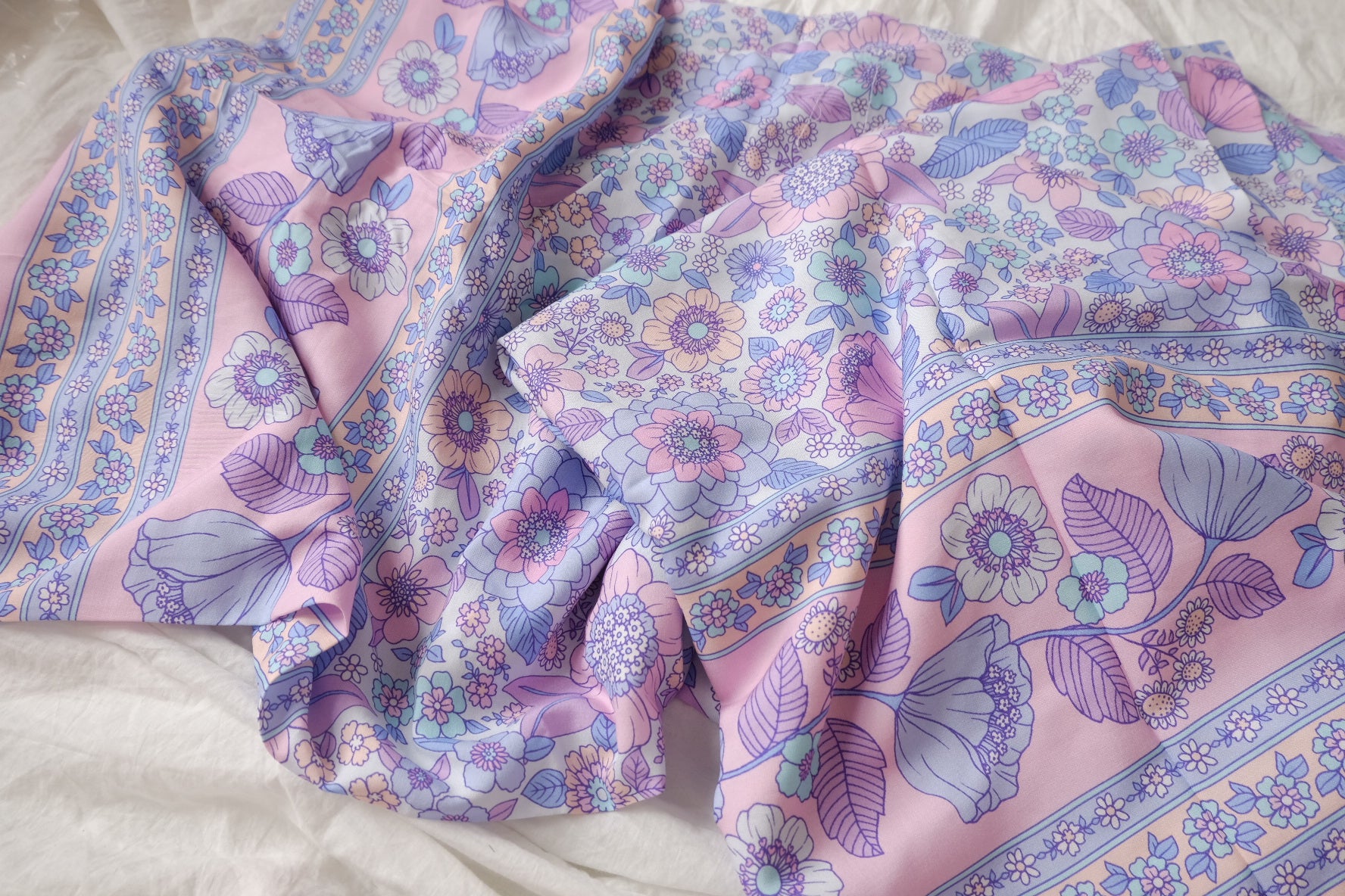 Double Border Floral Rayon Fabric in Soft Pastels, 3.3 Yards