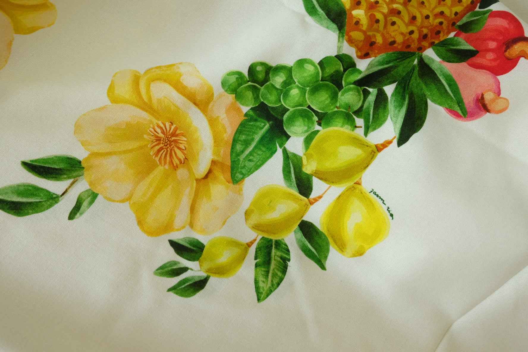 Farm Rio Style Linen Cotton Fabric – Tropical Fruit Floral Placement Print (1.8 yd, 1.45m Width)