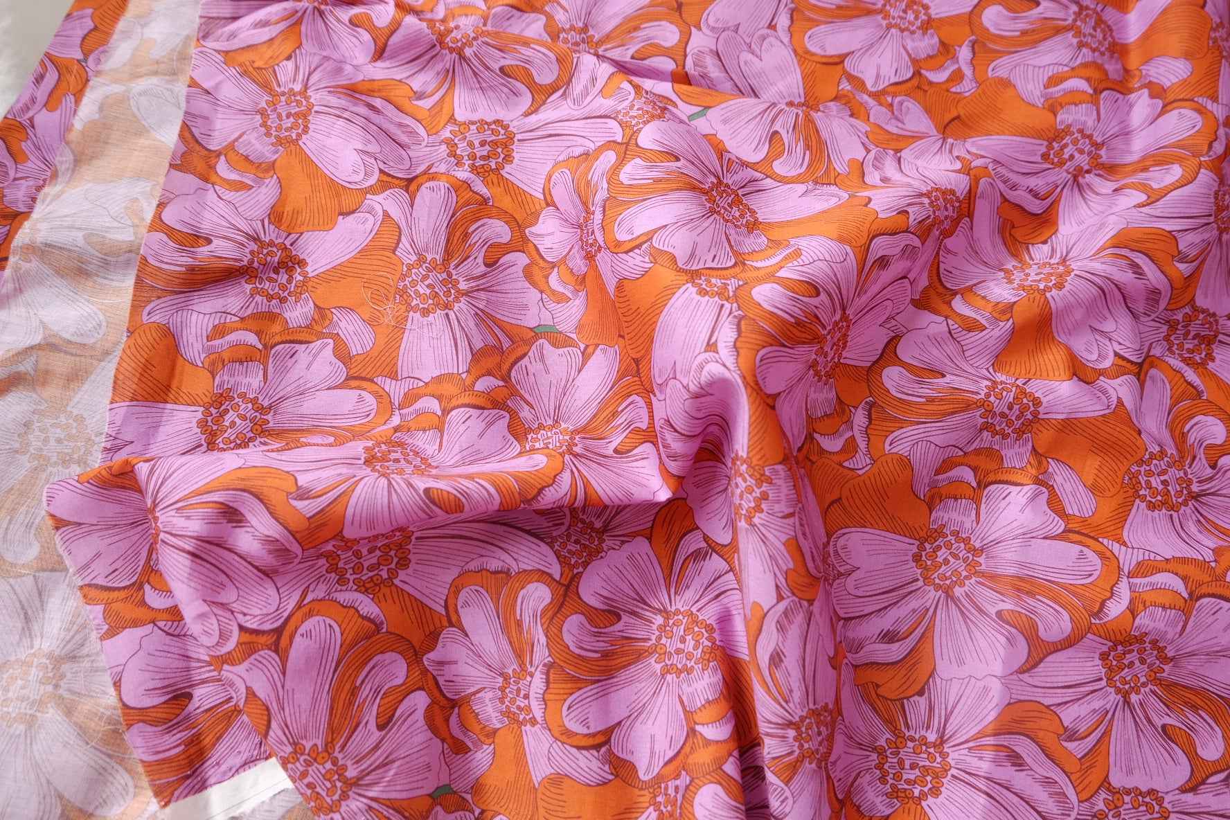 Purple Orange Vintage Floral Cotton Lawn Fabric - 3.17 yd