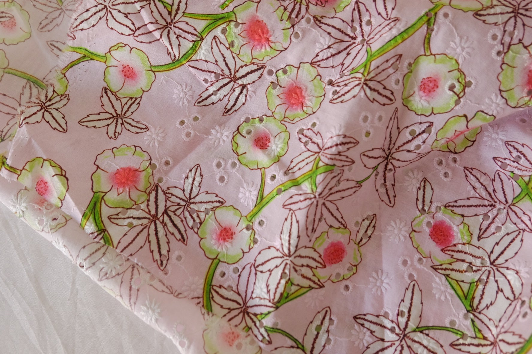 Pink Floral Eyelet Embroidered Cotton Fabric – 1.3 yd