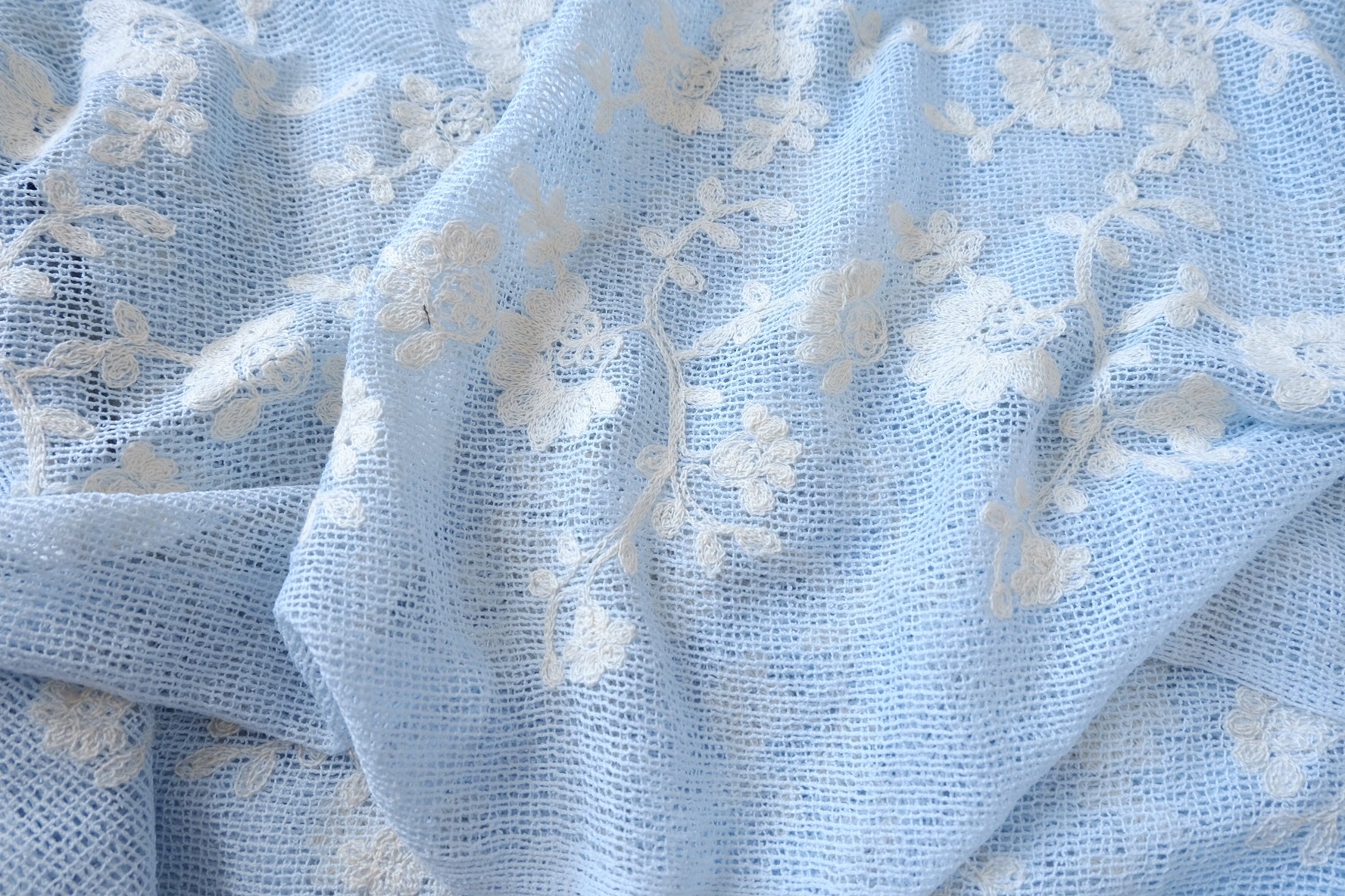 Powder Blue Embroidered Mesh Lace Fabric - 2.19 yd
