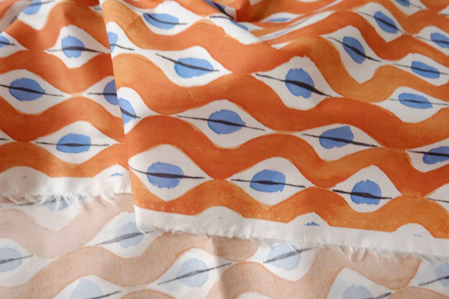Orange and Blue Geometric Cotton Poplin Fabric, Crisp Dress & Shirting Weight, 3.28 Yards