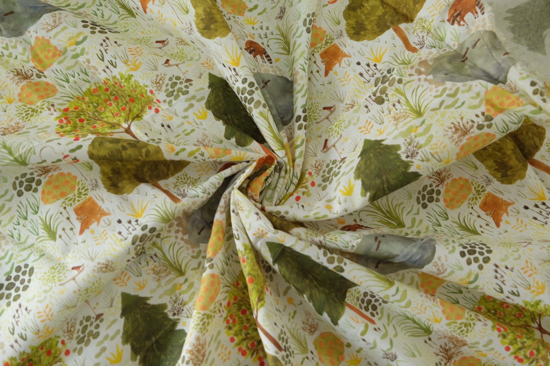 Forest Story Cotton Poplin Fabric – Woodland Animal & Botanical Print – 3.8 yd