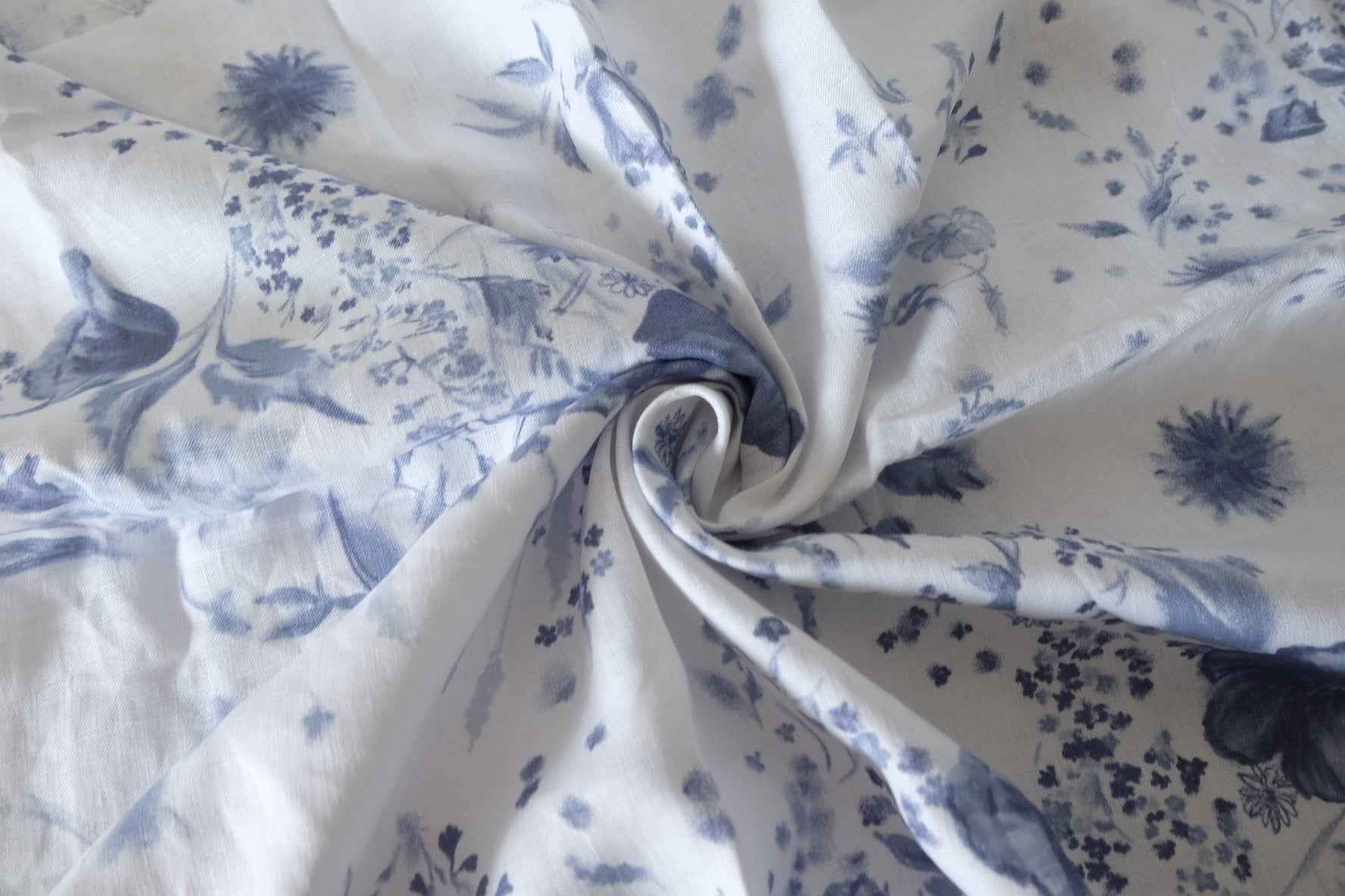 Blue Botanical Designer Deadstock Pure Linen Fabric – 1.5 yd