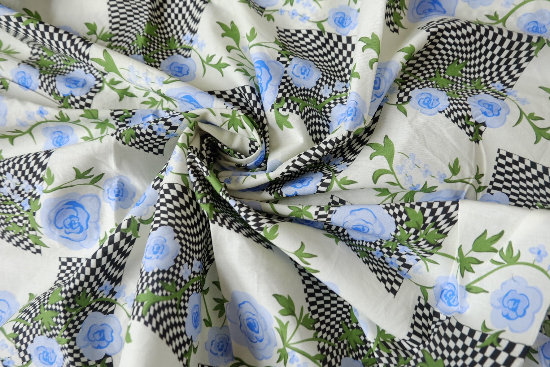 Blue Rose Checkerboard Cotton Poplin Fabric - 1.97 yd