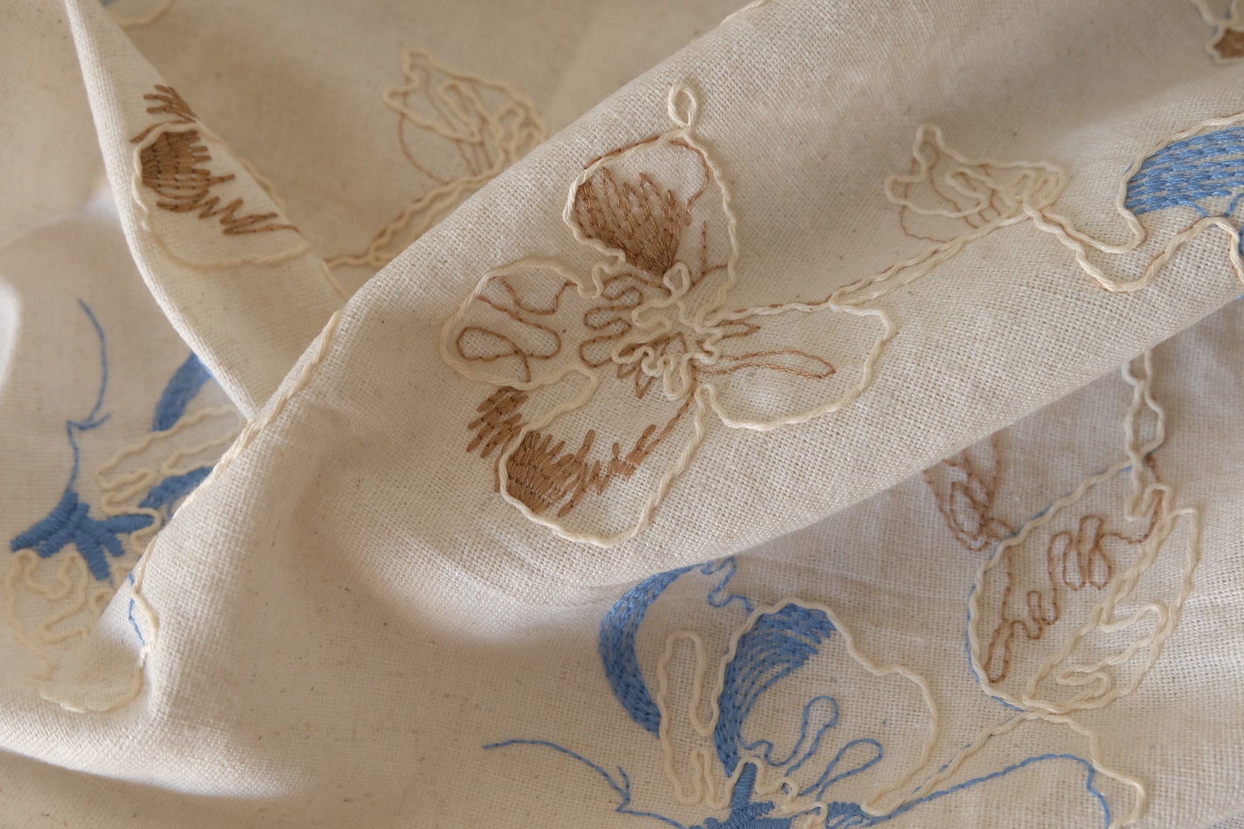 Blue Floral Embroidered Linen Cotton Fabric – 1.6 yd