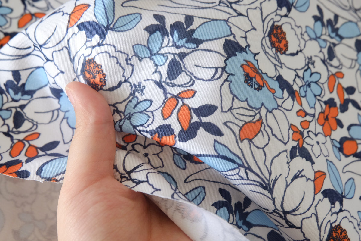 Blue & Orange Floral Cotton Denim – 2.2 yd