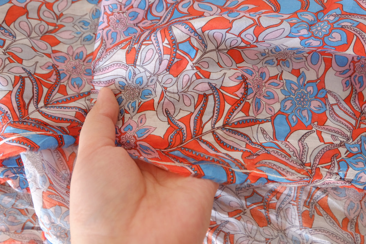 Coral & Sky Blue Botanical Cotton Voile Fabric – 5.5 yd